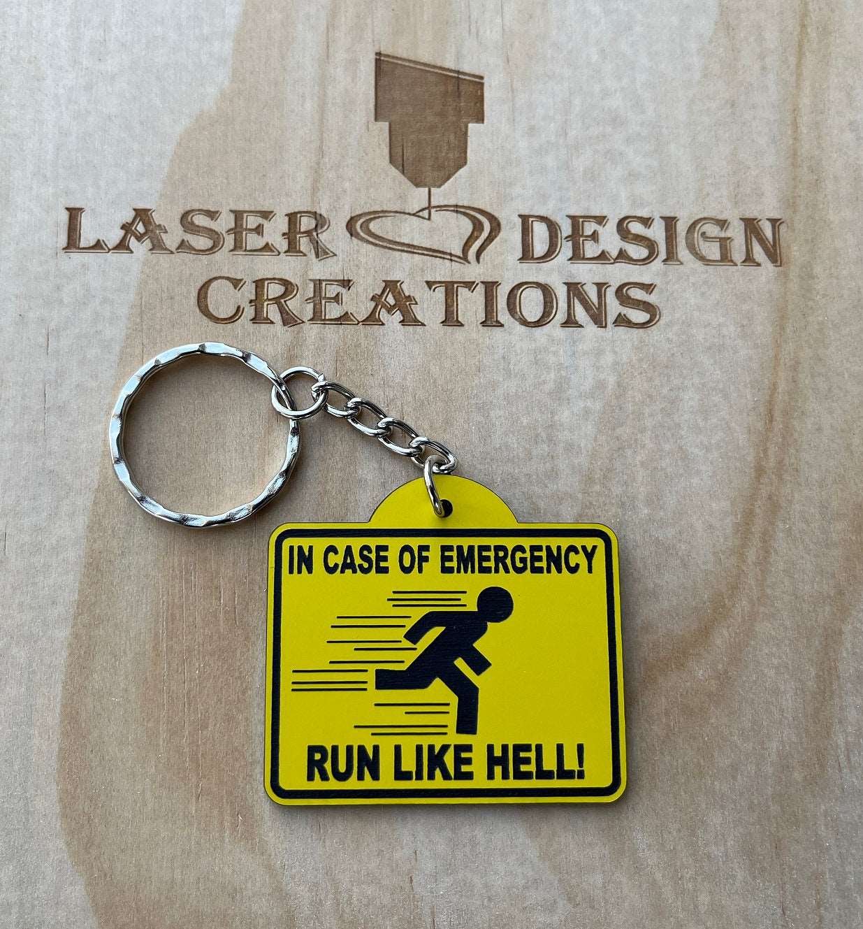 'In Case of Emergency' Warning Sign Theme Keyring - Laser Design Creations