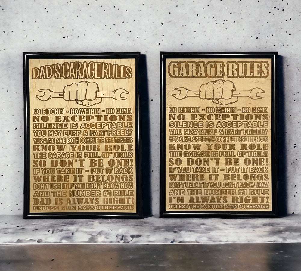 Garage Rules - 'Rustic Charm for His Space' - Wood Engraved Design - Laser Design Creations