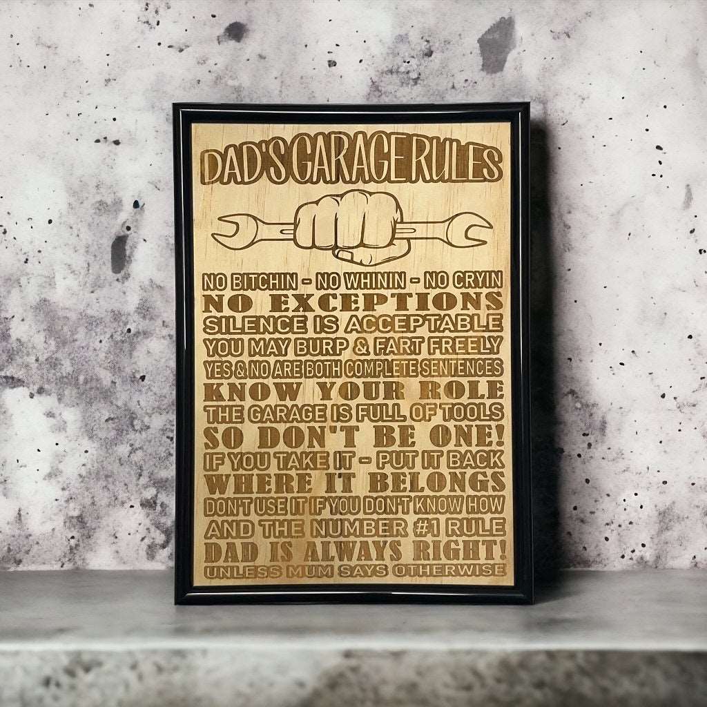 Garage Rules - 'Rustic Charm for His Space' - Wood Engraved Design - Laser Design Creations