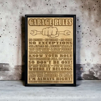 Garage Rules - 'Rustic Charm for His Space' - Wood Engraved Design - Laser Design Creations