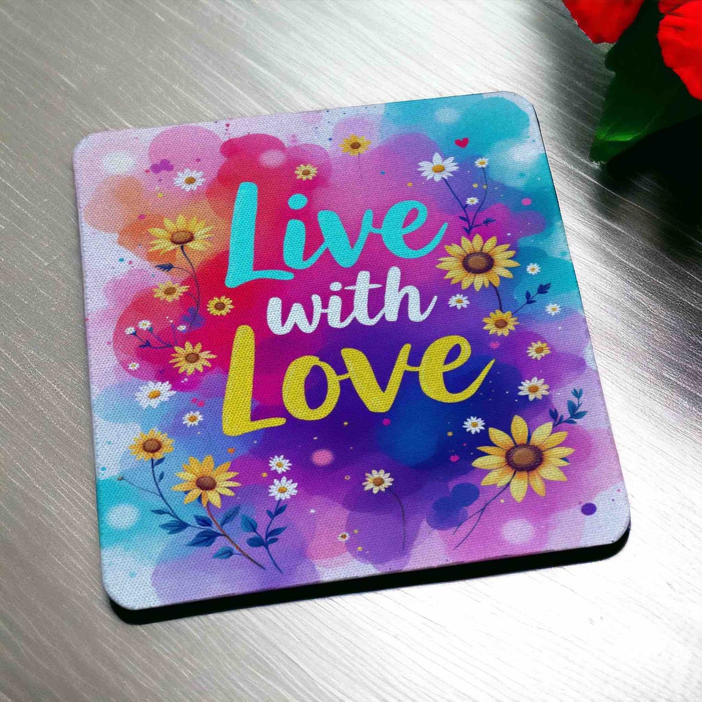 Inspirational "Live with Love" Vibrant Floral Design - Pack of 4 Neoprene Coasters - Laser Design Creations