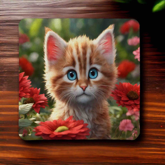 Adorable Kitten in Flowers - Pack of 4 Neoprene Coasters - Laser Design Creations