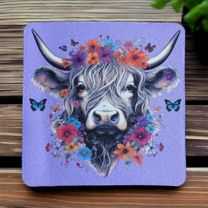 Highland Cow Whimsical Flower & Butterfly Design - Pack of 4 Neoprene Coasters