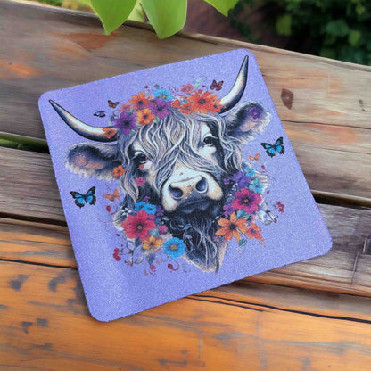 Highland Cow Whimsical Flower & Butterfly Design - Pack of 4 Neoprene Coasters