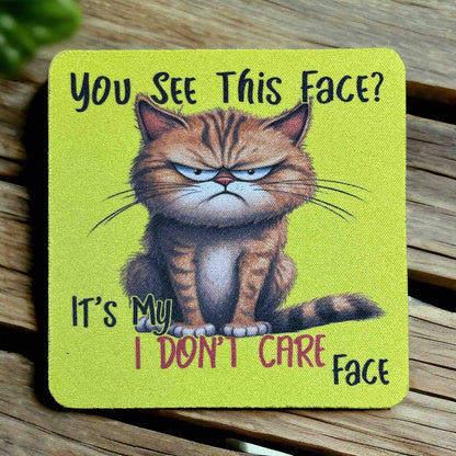 Grumpy Ginger Cat Playful 'I Don’t Care' Face Design - Pack of 4 Neoprene Coasters