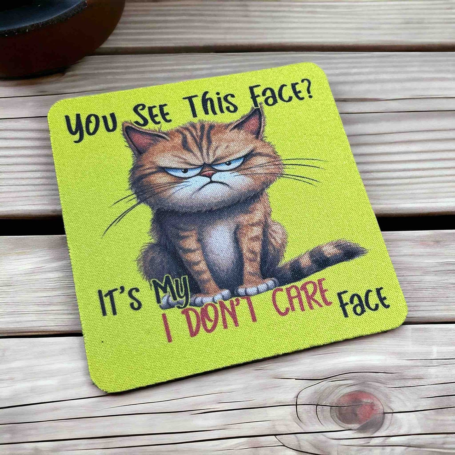 Grumpy Ginger Cat Playful 'I Don’t Care' Face Design - Pack of 4 Neoprene Coasters