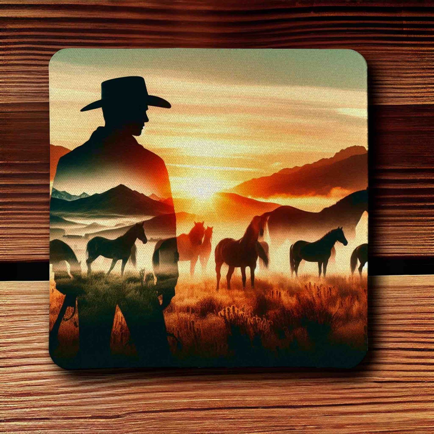 Cowboy & Wild Horses Sunset Mountain Silhouette Art Design - Pack of 4 Neoprene Coasters