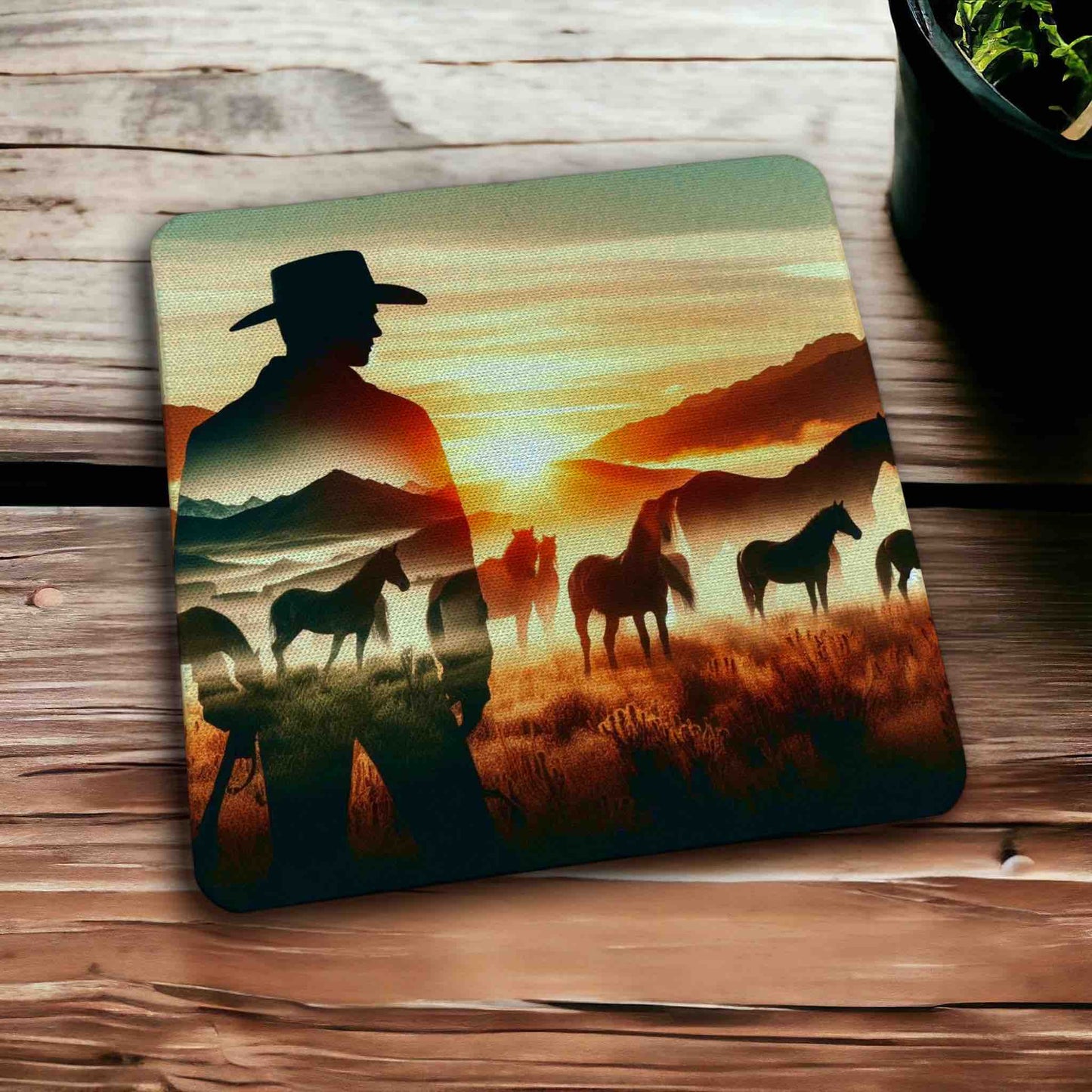 Cowboy & Wild Horses Sunset Mountain Silhouette Art Design - Pack of 4 Neoprene Coasters