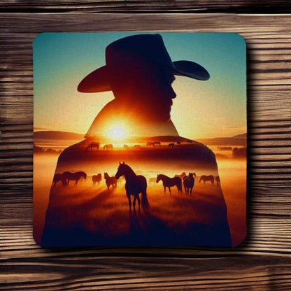 Cowboy & Wild Horses Sunset Mountain Silhouette Art Design - Pack of 4 Neoprene Coasters