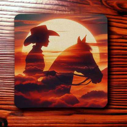 Cowgirl & Horse Sunset Silhouette Art Design - Pack of 4 Neoprene Coasters