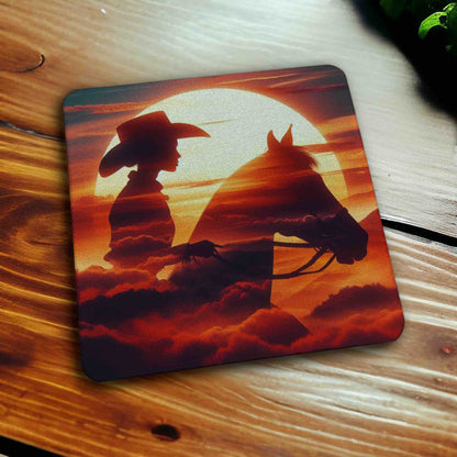 Cowgirl & Horse Sunset Silhouette Art Design - Pack of 4 Neoprene Coasters