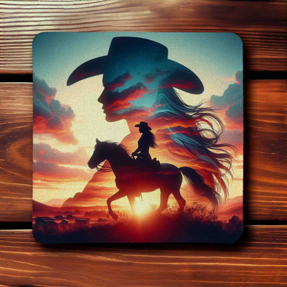 Cowgirl & Horse Sunset Silhouette Art Design - Pack of 4 Neoprene Coasters