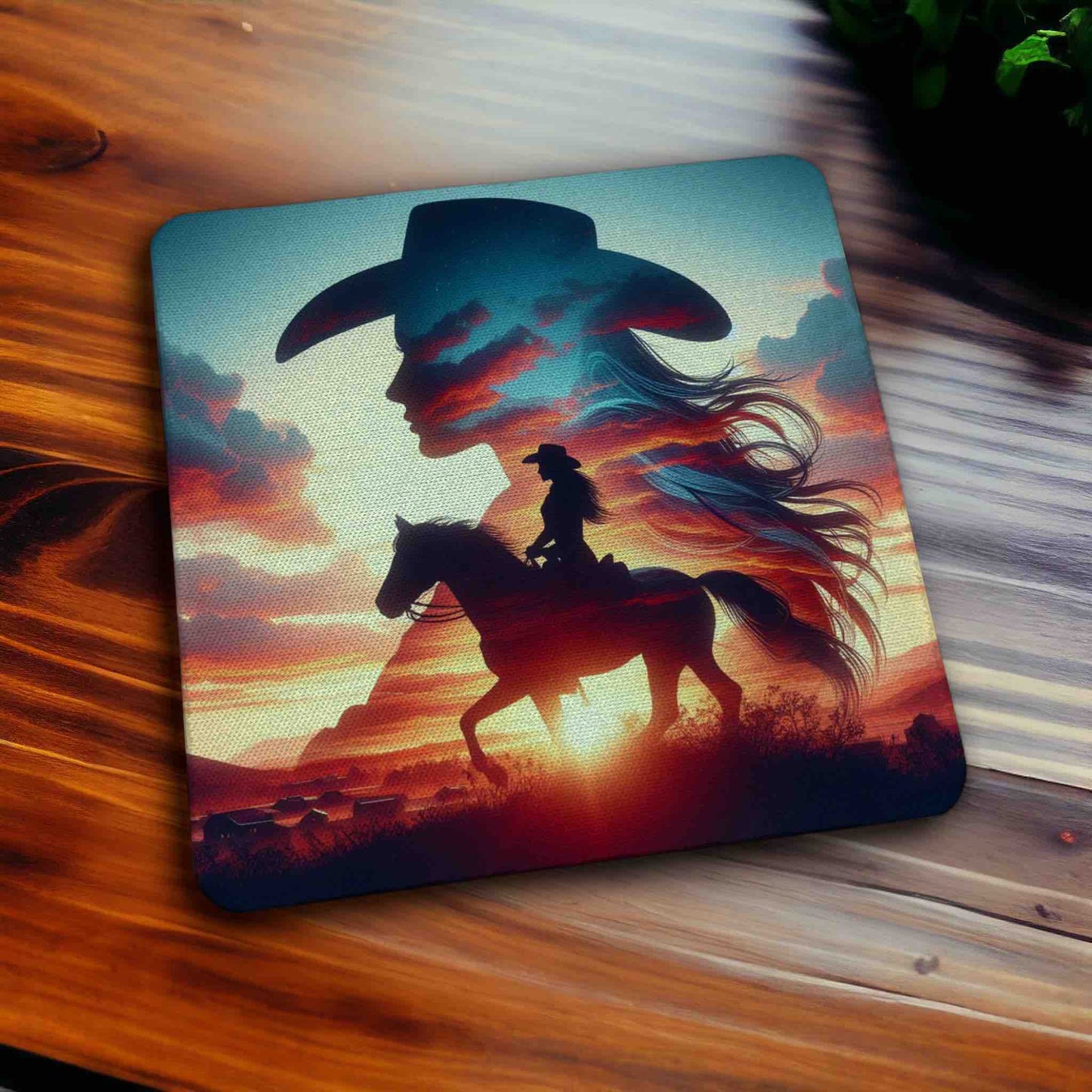 Cowgirl & Horse Sunset Silhouette Art Design - Pack of 4 Neoprene Coasters