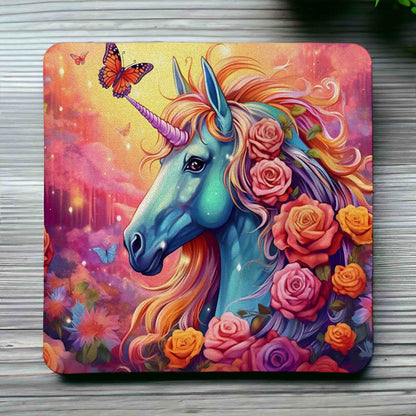 Enchanted Unicorn Vibrant Floral & Butterfly Design - Pack of 4 Neoprene Coasters