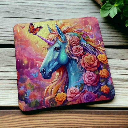 Enchanted Unicorn Vibrant Floral & Butterfly Design - Pack of 4 Neoprene Coasters