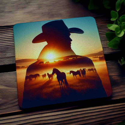 Cowboy & Wild Horses Sunset Mountain Silhouette Art Design - Pack of 4 Neoprene Coasters