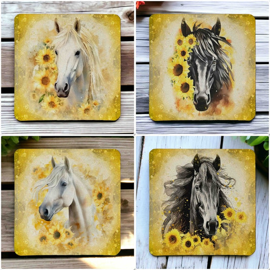 Sunflower Horse Elegant White/Black Horse Portraits - Pack of 4 Neoprene Coasters