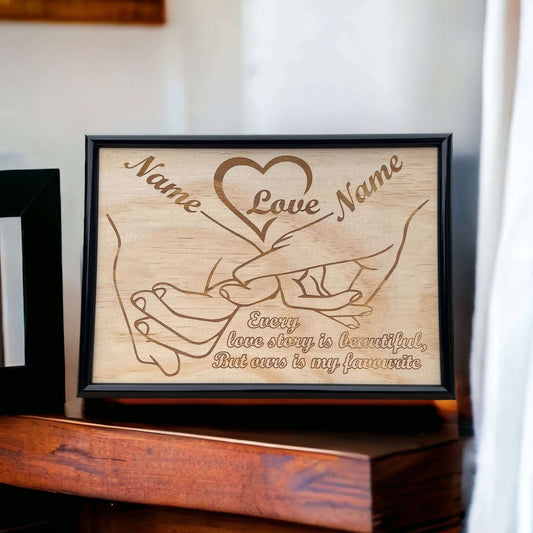 Personalised 'Holding Hands Love Story' - Wood Engraved Design - Laser Design Creations